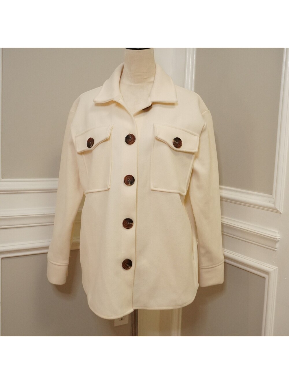 New Look Cream Button-Up Wool Blend Jacket Size L